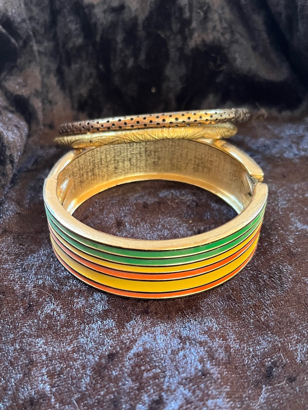 3 Bracelets - Gold Tone Multicolor Enamel & 2 other Bangle Bracelets